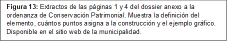 Figura 13: Extractos de las páginas 1 y 4 del dossier anexo a la ordenanza de Conservación Patrimonial. Muestra la definición del elemento, cuántos puntos asigna a la construcción y el ejemplo gráfico. Disponible en el sitio web de la municipalidad. 