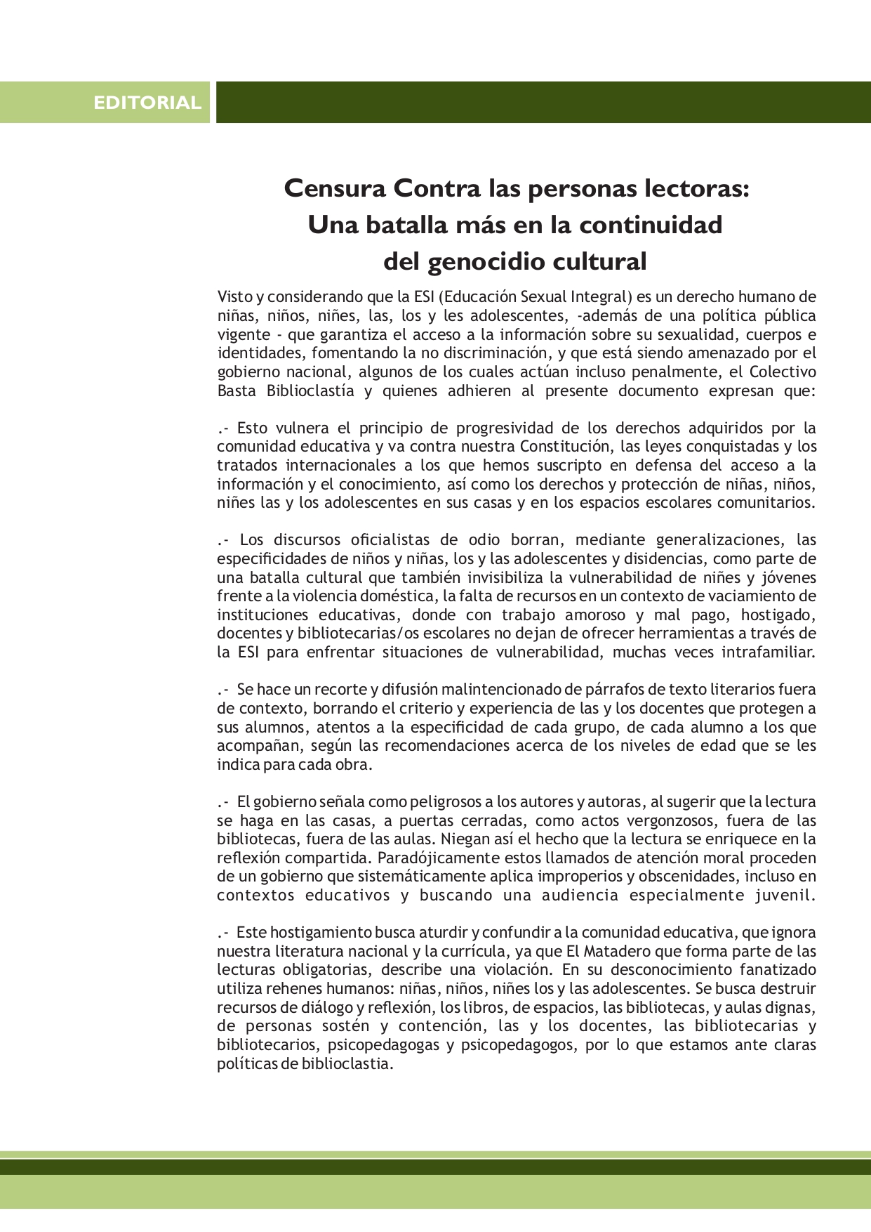 Censura Contra las personas lectoras: Una batalla más en la continuidad del genocidio cultural