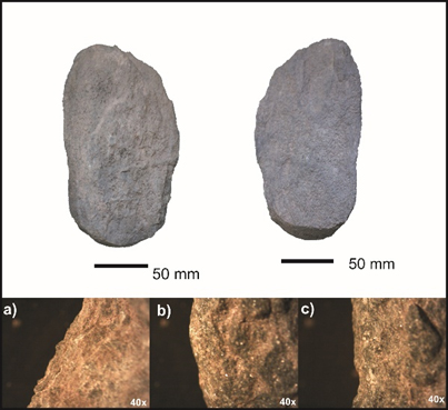 Arriba: Vista general de caras dorsal y ventral. Abajo: a) Retoques y microrretoques escalonados en la porción medial y proximal (área de enmangue) de la pieza. b) Detalle a mayor aumento del área de curvatura en el sector de enmangue. c) Redondeamiento y estrías oblicuas en borde lateral de la pieza.