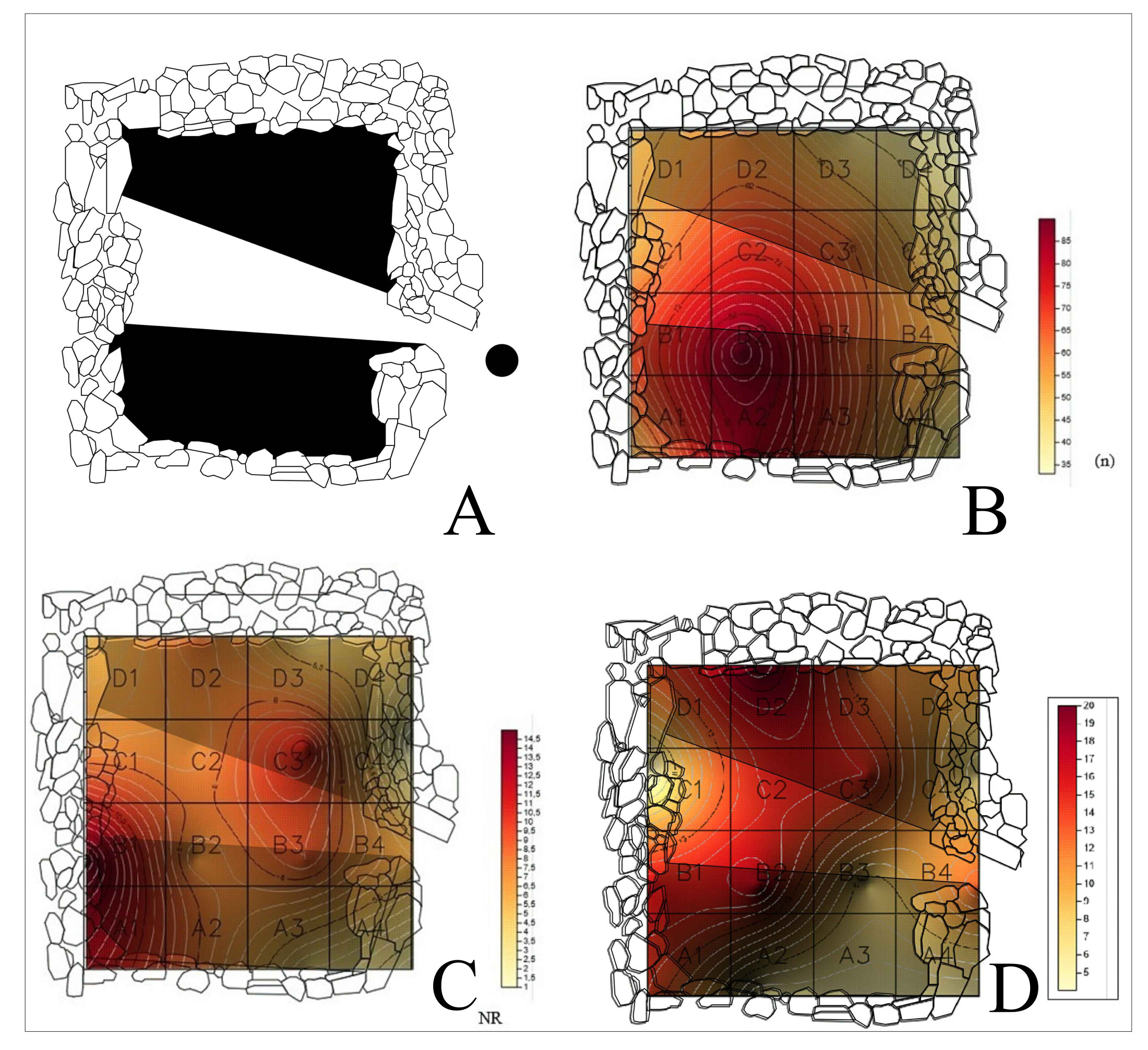 Esquema de visibilidad y distribución de materiales del recinto excavado 